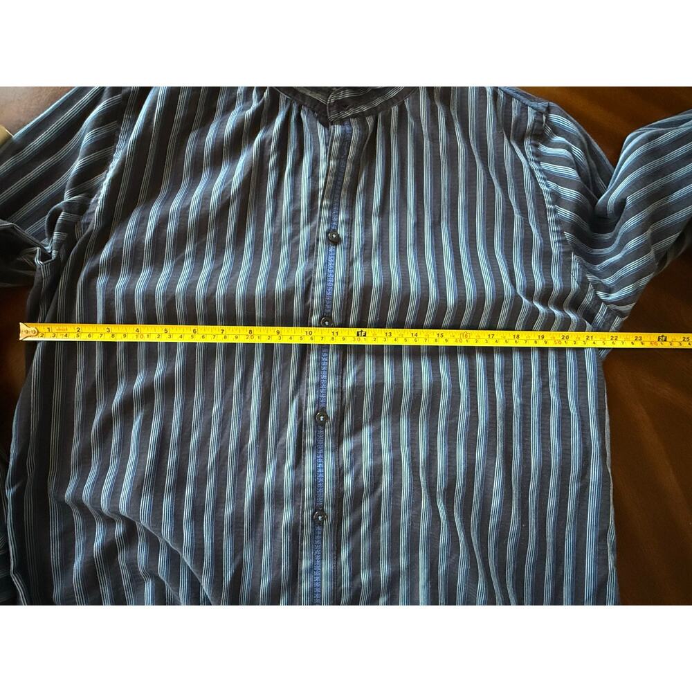 KJM Button Up Shirt Large Blue Striped Ruffle Preppy Workwear Office Business - Picture 4 of 7